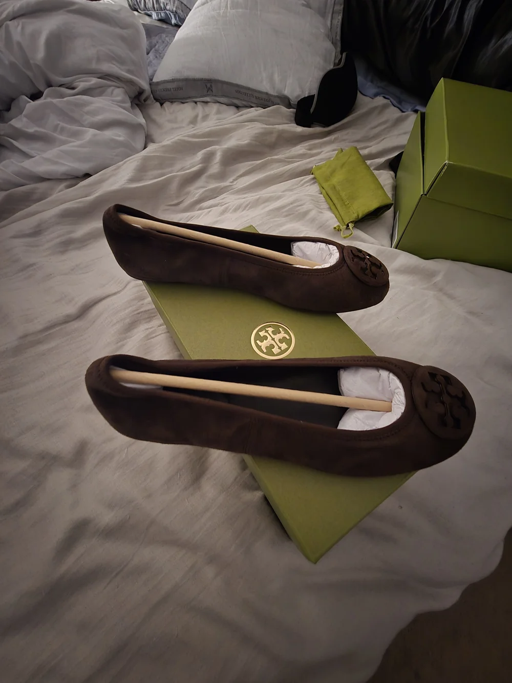 Tory Burch Chocolate Brown Suede Logo Ballet Flats